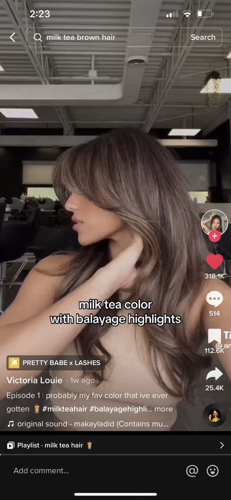 Milk Tea Hair With Balayage Highlights, Light Brown Milk Tea Hair Highlights, Milk Tea Hair Color With Balayage Highlights, Milk Tea Color With Balayage Highlights, Milk Tea Brown Hair Balayage, Milk Tea Highlights, Milk Tea Hair Color Balayage, Brunette Fall Hair 2023, Milk Tea Balayage