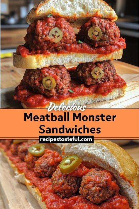 These Meatball Monster Sandwiches are a fun and spooky addition to any Halloween party or family dinner. Featuring mini sandwiches with meatballs topped with pimento-stuffed olive "eyeballs," they’re a quick and delicious way to celebrate the season. Olive Eyeballs, Vegetarian Substitutes, Mini Meatballs, Gluten Free Buns, Toast In The Oven, Frozen Meatballs, Mini Sandwiches, Festive Desserts, Homemade Meatballs