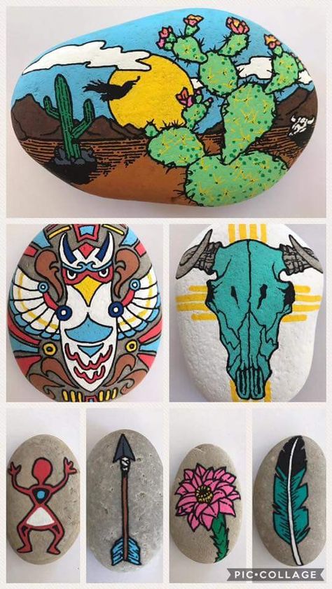 Western rocks Country Rock Painting Ideas, Western Painted Rocks, Western Rock Painting Ideas, Cactus Rocks, Native Drawings, Penny Art, Wood Paintings, Rock Cactus, Painted Garden Rocks