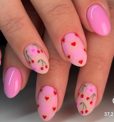 Pink Heart Nail Art, Cherry Heart Nails, Pink Cherry Nails, V Day Nails, Feb Nails, Fruit Nails, Gel X Nails, Valentines Nail, Vday Nails