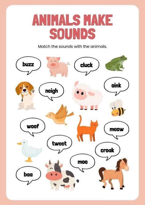 Sounds Animals Make English Worksheet Animal Sounds Activity, Homeschool Preschool Activities, Matching Worksheets, Animal Worksheets, English Worksheet, Esl Resources, First Day Of School Activities, Animal Sounds, Preschool Lessons