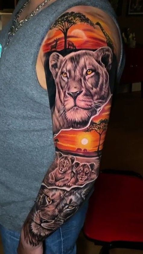 Lion Family Tattoos For Men, Lioness And Cub Tattoo, Family Sleeve Tattoo, Family Tattoos For Men, Lower Arm Tattoos, Tiger Tattoo Sleeve, Cool Animal Tattoos, Nature Tattoo Sleeve