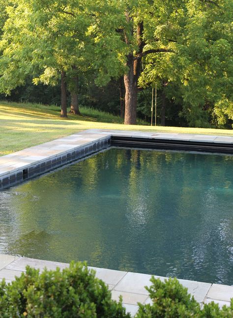 The Duality of a Farmhouse Pool: Swimming and Reflecting — Joshua Tompkins Landscape Architecture LLC, Yarmouth, Maine Dark Green Pool, Dark Bottom Pool, Farmhouse Pool, Beach House Pool, Yarmouth Maine, Green Pool, Outdoor Pool Area, House Pool, Pool Finishes