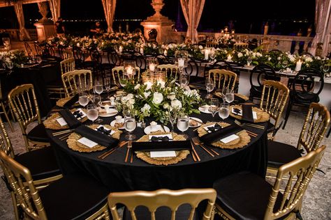 Black and Gold Reception Gold Reception Decor, Black And Gold Centerpieces, Black And Gold Party Decorations, Black Party Decorations, Gold Reception, Gold Wedding Reception, Black And Gold Theme, Black Gold Wedding, Gold Centerpieces