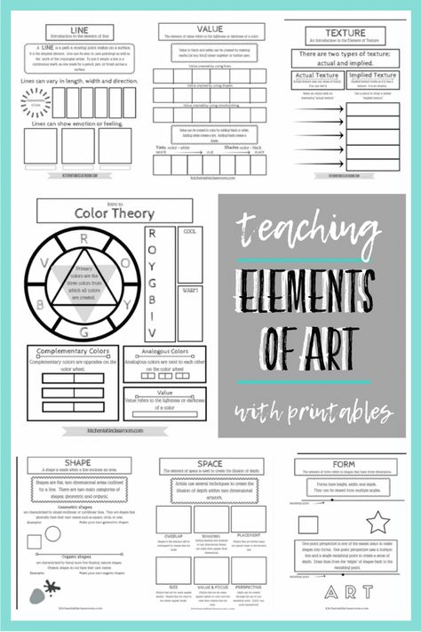 Printable Art Activities for Kids - The Kitchen Table Classroom Printable Art Activities, Elements Of Art Line, Homeschool Materials, The Elements Of Art, Art Teacher Resources, Art Education Lessons, Middle School Art Projects, Art Lessons Middle School, Art Theory