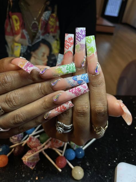 NO Caller ID - Dum Dum gimme gum gum 👅🍭 Food Nails, Punk Nails, Drip Nails, Colored Acrylic Nails, Long Acrylic Nails Coffin, Acrylic Nails Coffin Pink, Nail Products, Unique Acrylic Nails, Acrylic Nails Coffin Short