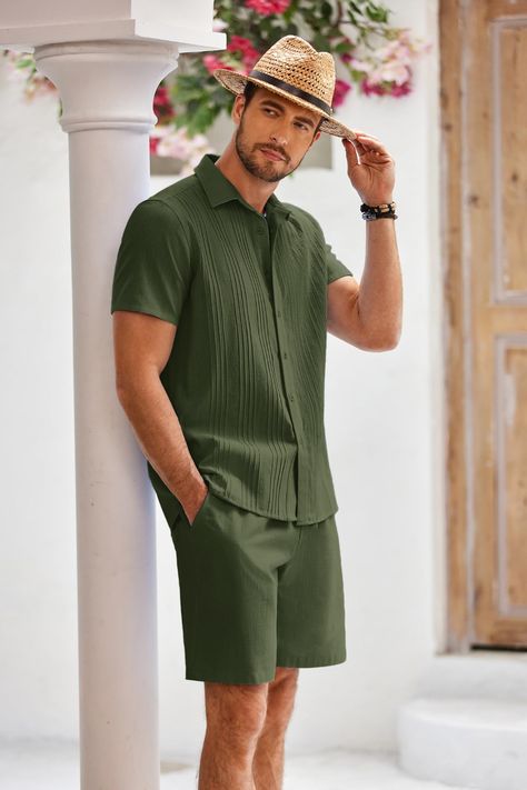 Men's cotton shirt and short set is made of purely 110% cotton. Soft, breathable, and skin-friendly. This Cuban style set is a must in a leisure beach time in summer. #men #pleated #beach #summer #shorts_set Vintage Shirt And Shorts Outfit For Men, Vintage Shirt And Short For Men, Men Coord Sets, Mens Short Set Outfit, Men's Fitted Vacation Sets, Mens Summer Matching Sets, Men Beach Outfit, Matching Shorts And Top Set Men, Luxury Short Sleeve Sets For Men