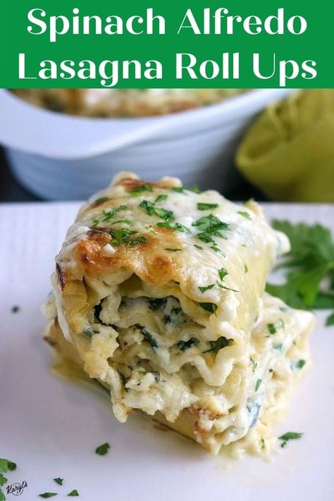 All the fabulous flavors of traditional lasagna are rolled into perfect portions in these Spinach Alfredo Lasagna Roll Ups. This easy roll ups recipe is finished with a mouthwatering homemade Alfredo sauce and baked until golden #lasagna #lasagnarolls #spinachlasagna #homemadealfredosauce #weeknightdinner #meatlessmonday #meatless #comfortfood Spinach Alfredo Lasagna Roll Ups, Spinach Alfredo Lasagna, Alfredo Lasagna Roll Ups, Spinach Lasagna Rolls, Spinach Alfredo, Alfredo Lasagna, Lasagna Roll Ups, Easy Lasagna Recipe, Lasagna Roll