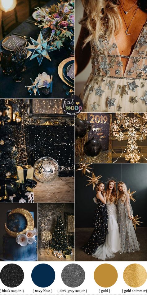 Starry Night and Celestial Wedding Theme For New Year's Eve wedding Celestial Wedding Theme, Blue Gold Wedding, Starry Night Wedding, Gold Wedding Colors, Black Gold Wedding, New Years Eve Weddings, Wedding Colour, Celestial Wedding, Palette Inspiration