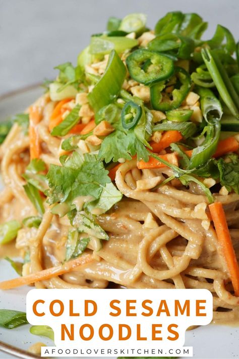 Cold Sesame Noodles with Crunchy Toppings Fresh Asian Noodle Recipes, Cold Sesame Noodles Recipe, Cold Asian Noodle Salad, Cold Peanut Noodles, Cold Noodles Recipes, Sesame Peanut Noodles, Peanut Butter Noodles, Crunchy Toppings, Sesame Noodles Recipe