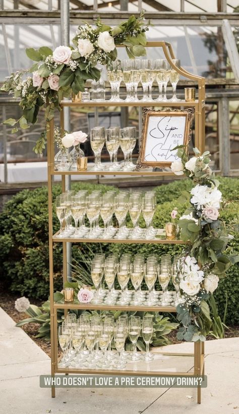 Wedding Champagne Shelf, Champagne Wedding Entrance, Ceremony Champagne Table, Champagne Shelf Display Wedding, Pre Ceremony Champagne, Champagne Before Wedding Ceremony, Champagne At Wedding Ceremony, Champagne Station Wedding, Champagne Stand Wedding