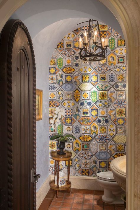 This lovely Spanish style powder room is a fun way to add color to this small but necessary room. Find it at pouted.com Mediterranean Bathroom Ideas, Spanish Bathroom, Mediterranean Bathroom, Powder Room Decor, Spanish Style Homes, Mediterranean Decor, 아파트 인테리어, Spanish House, Spanish Style