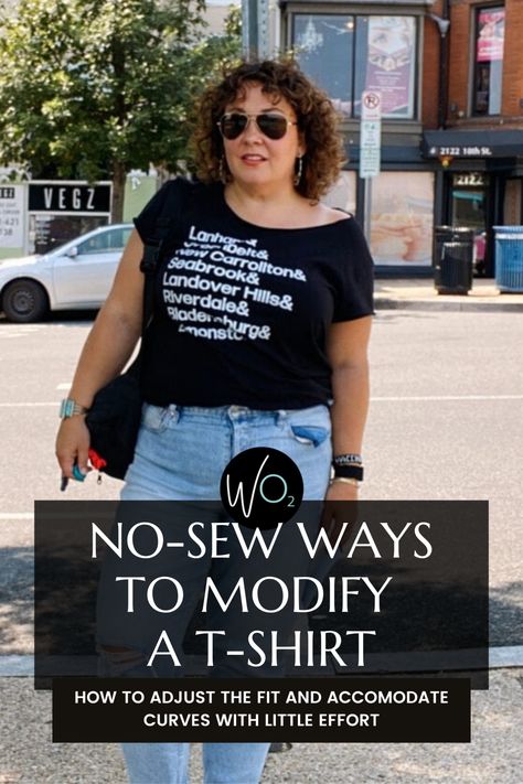 Modify Tee Shirt No Sew, Redo Tshirts Diy, How To Alter An Oversized Shirt, Shirt Transformation Diy No Sew, Tshirt Upgrade Diy, Making A T Shirt Cute, How To Make A Shirt Bigger Diy, How To Make A Mens Tee Shirt Feminine, T Shirt Revamp Diy