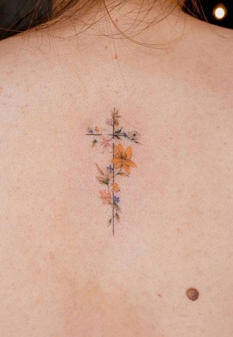 Biblical Flower Tattoo, Cross Minimalist Tattoo, Back Cross Tattoo Women, Christian Women Tattoos, Subtle Christian Tattoos, Biblical Flowers Tattoo, Cute Christian Tattoos, Faith Tattoo Ideas For Women, Unique Dainty Tattoos