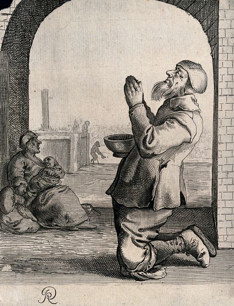 File:A man with a begging bowl is on his knees with his ... Man Begging On His Knees, On His Knees, Book Plates, His Hands, Four Legged, Etching, Art Ideas, Abstract Painting, Bowl