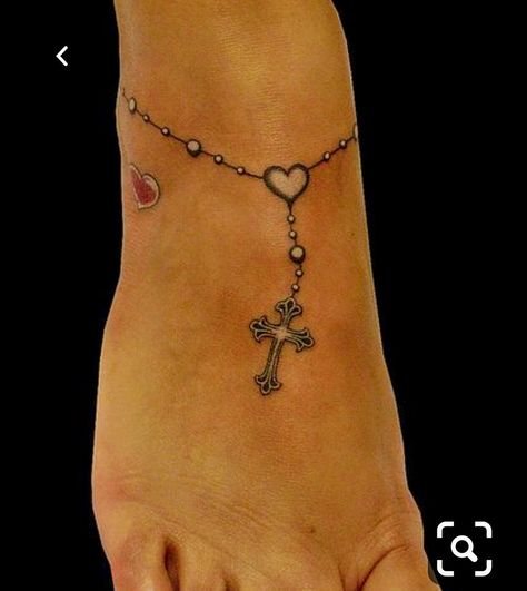 Rosary Ankle Tattoos, Rosary Tattoo Wrist, Anklet Tattoos For Women, Rosary Bead Tattoo, Wrist Bracelet Tattoo, Ankle Bracelet Tattoo, Ankle Tattoo Designs, Ankle Tattoos For Women, Anklet Tattoos