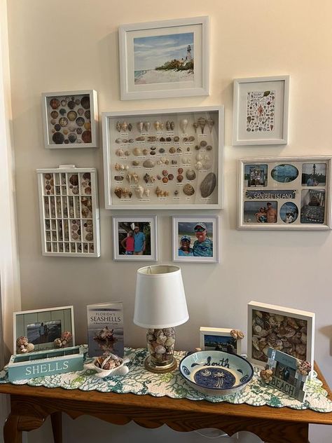 Sanibel & Captiva Island | Finally finished my Sanibel wall | Facebook Seashell Storage Ideas, Wall Facebook, Seashell Display, Seashell Art Diy, Shell Display, Captiva Island, Seashell Art, Amelie, Wall Shelves