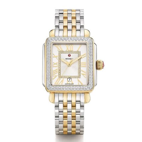 Morgan's Jewelers Torrance on Instagram: “There is so much to love about the Deco Madison watch from Michele. From the roman numeral markers to the diamond bezel, it's the perfect…” Pave Diamond Band, Roman Numeral, Gold Plated Bracelets, Two Tone Watch, Mother Pearl, Pearl Diamond, Bezel Diamond, Diamond Watch, Silver Diamonds