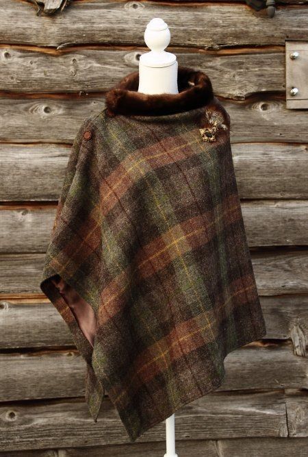 Beautiful traditional plaid Harris tweed cape, with lavish chocolate satin lining and complementing buttons Poncho Design, Cape Wrap, Vintage Cape, Wool Wrap, Crochet Poncho, Harris Tweed, 가을 패션, Upcycle Clothes, Sewing Clothes