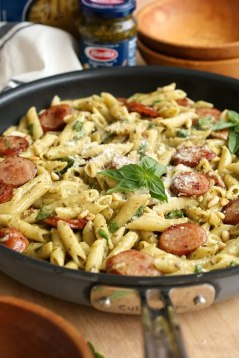 Pesto Recipes Dinner, One Pan Sausage, Italian Sausage Recipes Pasta, Kielbasa Pasta, Pan Sausage, Smoked Sausage Pasta, Chicken Sausage Pasta, Pesto Recipes, Dinner Sausage