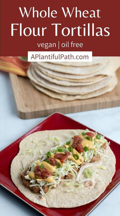 Easy Healthy Tortilla Recipe, Wfpb Bread, Plantiful Kiki, Wheat Flour Tortillas, Nutritarian Recipes, Vegan Taco Salad, Vegan Breads, Vegan Bread Recipe, Easy Vegan Lunch