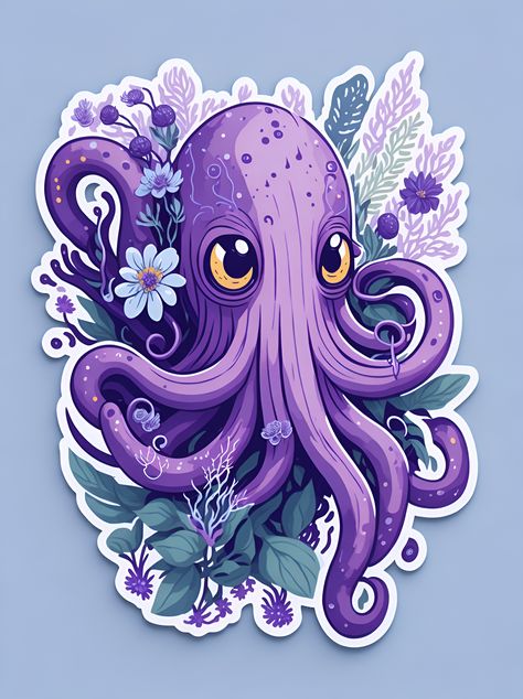 A detailed illustration a print of vivid cute octopus head, fantasy flowers splash, vintage t-shirt design, in the style of Studio Ghibli, white and purple flora pastel tetradic colors, 3D vector art, cute and quirky, fantasy art, watercolor effect, bokeh, Adobe Illustrator, hand-drawn, digital painting, low-poly, soft lighting, bird's-eye view, isometric style, retro aesthetic, focused on the character, 4K resolution, photorealistic rendering, using Cinema 4D Floral Octopus, Octopus Head, Octopus Art Print, Vintage T Shirt Design, Octopus Drawing, Octopus Illustration, Photorealistic Rendering, Fantasy Flowers, Cute Octopus