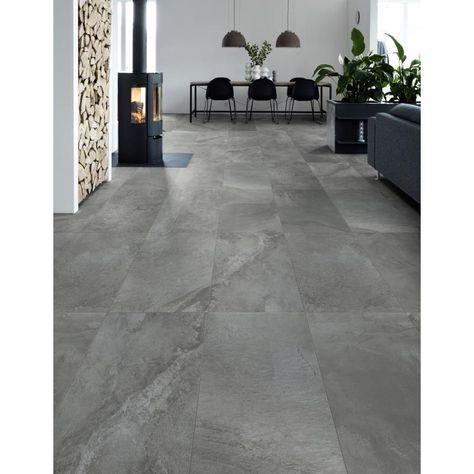 Living Room Grey Tiles, Gray Tiles Living Room Floor, Gray Tile Flooring, Grey Floor Tiles Living Room, Grey Tiles Living Room, Living Room Tiles Design, Dark Tile Floors, Tiles Interior Design, Room Tiles Design