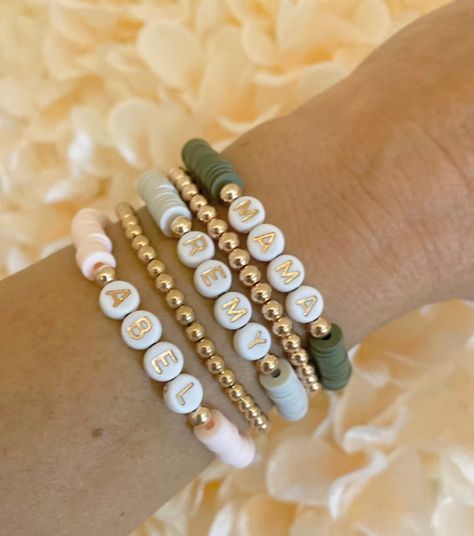 Beaded Name Bracelet, Heishi Bracelets, Heart Bracelets, Heishi Bracelet, Mama Bracelet, Homemade Bracelets, Mom Bracelet, Gold Heart Bracelet, Colored Clay