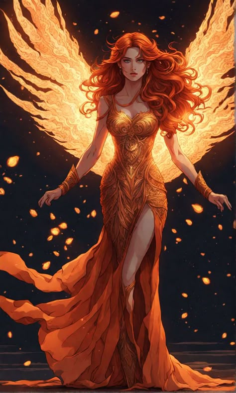 Fire Fairy Drawing, Phoenix Moodboard, Sagittarius Fairy, Fairy Queen Aesthetic, Fire Fairy Art, Phoenix Dress, Queen Butterfly, Fire Angel, Marvel Jean Grey