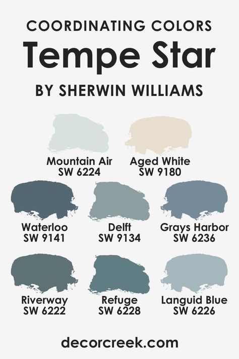 Tempe Star SW 6229 Coordinating Colors by Sherwin-Williams Temple Star Sherwin Williams, Delft Sherwin Williams, Tempe Star Sherwin Williams, Sw Waterloo Paint, Languid Blue, Zyla Colors, Mickey House, House Colour, Theme Inspiration