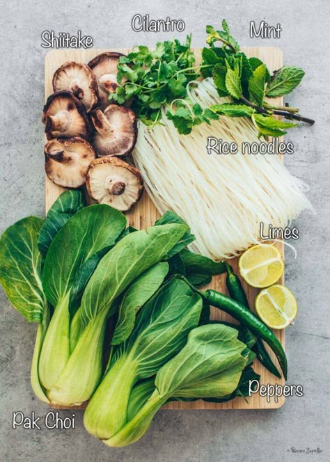 rice noodles, shiitake mushrooms, pak choi, green peppers, cilantro, mint, limes Vegan Pho Soup, Shiitake Noodles, Shiitake Recipes, Shiitake Mushroom Soup, Shiitake Mushrooms Recipes, Rice Noodle Soup, Vegan Pho, Pho Broth, Rice Noodle Recipes