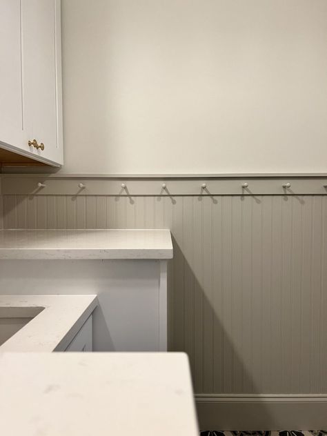 Laundry Room Ideas Beadboard, Mudroom Beadboard With Hooks, Headboard Laundry Room, Laundry Room Peg Rail, Laundry Room Paneling, Bead Board In Laundry Room, Bead Board Laundry Room Ideas, Beadboard Peg Rail, Laundry Room Beadboard