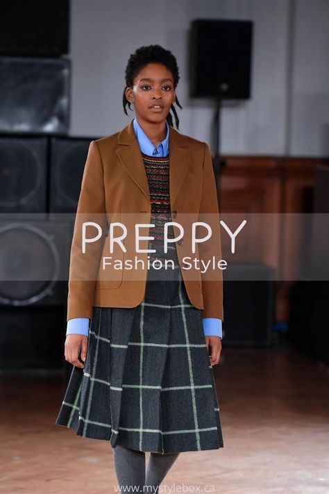 Preppy Style Outfits Womens Fashion, Edgy Preppy Style, Preppy Modern Outfits, Preppy Rocker Style Outfit, Preppy Outfits 2023, Tweed Pleated Skirt For Work, 70s Preppy Fashion, 80s Preppy Fashion Women, Tailored Timeless Plaid Outerwear