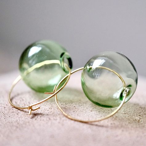 Beautiful Green Bubble Hoop Earrings earrings, understated chic, easy to combine, gorgeous eye-catchers. Very unusual and unique minimalist geometric design. 💚 Minimalist clear green glass bubble earrings - simple and sophisticated design 💚 Stylish gold metal hoop with handmade glass bubbles that have a beautiful shine 💚 Lightweight and delicate design, suitable for all occasions 💚 Timeless design, these earrings will never go out of style! 💚 Perfect gift for any special occasion - birthday Glass Earrings Handmade, Glass Hoop Earrings, Metal Jewelry Handmade, Garden Earrings, Unique Hoop Earrings, Hoop Earrings Handmade, Bubble Earrings, Green Bubble, Green Gift