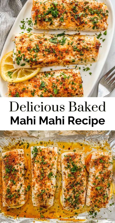 If you love the mild taste of white fish, you'll love this easy, baked mahi mahi recipe. You'll get a delicious fish that comes together in about 20 minutes!  Mahi Mahi has a wonderful mild flavor with a bit of sweetness and a nice, firm texture. Paired with butter, lemon, and just the right seasonings, then baked to perfection, it's a really tasty fish. Fish Mahi Mahi, Mahi Mahi Lemon Butter Sauce, Best Fish Dinner Recipes, Clean Fish Recipes, Easy Dinner Recipes Fish, Fish Mahi Mahi Recipes, Baked Mai Mai Fish, Fish Recipes For Dinner Baked, Mahi Mahi Recipes Easy