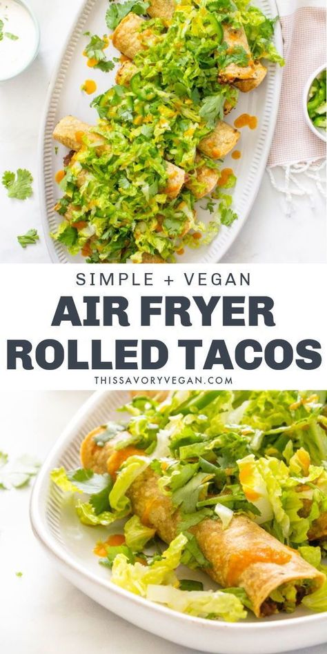 Air Fryer Vegan Rolled Tacos | Recipe | Air fryer recipes healthy, Air fryer recipes vegetarian, Air fryer recipes vegan Rolled Tacos Recipe, Vegetarian Air Fryer Recipes, Vegetarian Air Fryer, Air Fryer Vegan, Rolled Tacos, Healthy Air Fryer Recipes, Tacos Vegan, Recipe Air Fryer, Taco Toppings