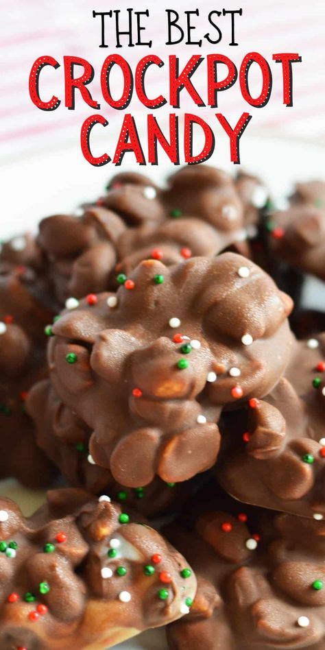 Crockpot candy is a classic homemade Christmas candy made in the slow cooker with peanuts, semi-sweet chocolate chips, and almond bark. #christmascandy #crockpotdesserts #crockpotcandy Christmas Crockpot Candy, Crockpot Christmas Candy, Homemade Christmas Candy, Crockpot Candy Recipes, Crockpot Christmas, Christmas Candy Easy, Easy Christmas Candy Recipes, Christmas Candy Homemade, Crockpot Candy