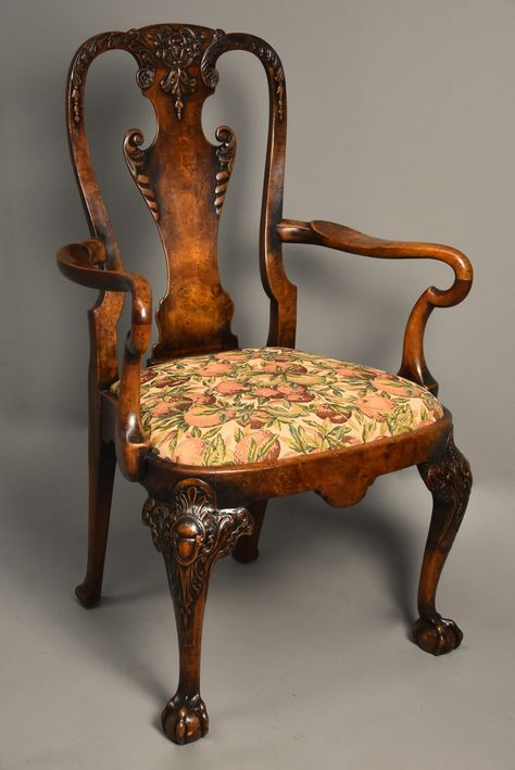 English Country Interiors, Queen Anne Furniture, Queen Anne Chair, Walnut Armchair, Queen Anne Style, Furniture Details Design, Castles Interior, Traditional Interior Design, Period Furniture