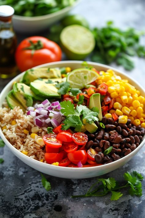 This Flavorful Vegan Burrito Bowl is packed with all your favorite ingredients, including black beans, rice, fresh vegetables, and a zesty lime dressing. Perfect for meal prep or a quick dinner, this bowl is both hearty and healthy. Let’s dive into the recipe and create this delicious and vibrant dish! Ingredients: For the Burrito Bowl: … Protein Bowls Vegetarian, Vegetarian Buddha Bowl Recipes, Rice Bowls Vegan, Vegetarian Bowls Healthy, Rice Bowl Recipe Vegetarian, Bean Rice Bowl, Mexican Buddha Bowl, Vegetarian Burrito Bowl, Vegan Burrito Bowl