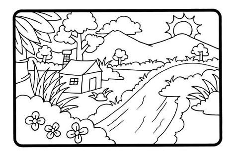 Village Drawing, Vector Mountain, Coloring Pages Nature, Garden Coloring Pages, Colorful Borders Design, Mountain Drawing, Office Word, Motif Batik, Purple Sunset