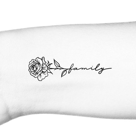 Family In Cursive, Rose Stem Tattoo, Rose Outline Tattoo, Stem Tattoo, Rose Tattoo With Name, Wrist Tattoos Words, Simple Rose Tattoo, Cream Tattoo, Rose Outline