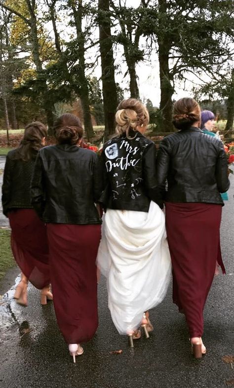 Bride and bridesmaid leather jacket Evening Jackets, Brides And Bridesmaids, Harem Pants, Sequin Skirt, Leather Jacket, Pants, Leather