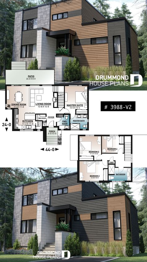 Mid-century 4 bedroom house plan with master suite, open floor plan, 9' ceiling on main floor Modern Industrial House Floor Plan, 4 Bedroom House Interior Design, Modern Industrial House Plans, Industrial House Floor Plans, Sims 4 Morden Houses, Industrial House Layout, 4 Bedroom House Designs Bungalow, 2 Floor House Plans 4 Bedroom, Modern Home Layout Floor Plans