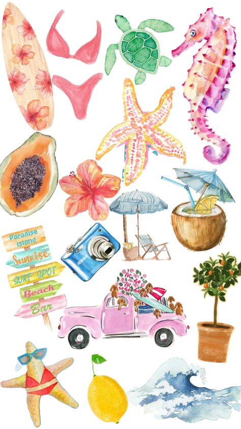 Watercolor Collage Art, Beach Aesthetic Drawing, Beach Stickers Aesthetic, Summer Stickers Aesthetic, Summer Illustrations, Images Emoji, Cute Backgrounds For Iphone, Diy Photo Book, Summer Book