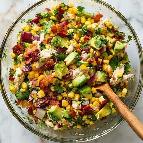 This refreshing avocado chicken salad combines tender chicken, creamy avocado, and zesty flavors. It's mayo-free and packed with protein and healthy fats. Avocado Corn Chicken Salad, Chicken With Avocado, Chicken Recipes With Avocado, Chicken Salad With Avocado, Chicken Avocado Salad, Avocado Chicken Recipes, Rotisserie Chicken Recipes Leftover, Jamaica Food, Corn Chicken