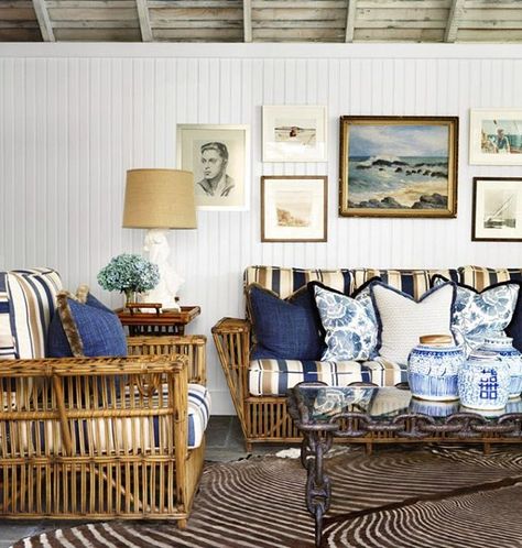 Eva Contreras (@cafedesignblog) • Gregory Shano Coastal Chinoiserie, Long Island House, Bead Board Walls, 1920s House, Tropical Home Decor, Beach Cottage Decor, Beach House Interior, Furniture Trends, Rattan Furniture