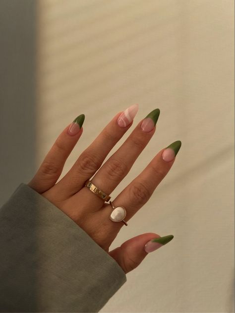 nails, spring nails, green nails, nail trends, almond nails, french tip nails, spring nail inspo, nail inspiration, summer nails, nail design, nail shape Monstera Nail, Nail Trends Almond, Nail Trends Spring, Almond Nails French Tip, Spring Nails Green, Pale Nails, Almond Nails French, Fun Nail Colors, Dream Nails