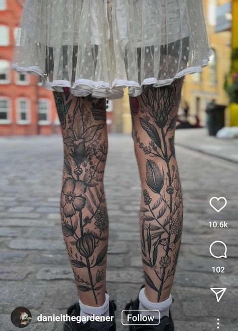 Back Of Leg Floral Tattoo, Garden Patchwork Tattoo, Plants Leg Tattoo, Nature Themed Leg Sleeve Tattoo, Floral Lower Leg Tattoo, Floral Tattoo Leg Sleeve, Botanical Tattoo Leg Sleeve, Back Of Leg Flower Tattoo, Back Leg Tattoos Women Calves