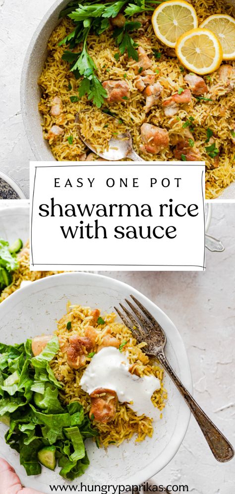 This chicken shawarma rice cooked all in one pot is the best weekday dinner. Yellow rice, perfectly spiced chicken and the most amazing white sauce make the ultimate combination. A must try! #weekdaymeals #onepot #shawarma #yellowrice Chicken Shawarma Rice, Shawarma Rice, Spiced Chicken, Weekday Dinner, Yellow Rice, Chicken Shawarma, White Sauce, Skillet Meals, Middle Eastern Recipes