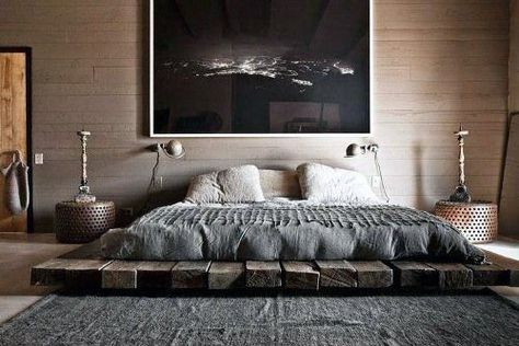 Mens Bedroom Decor Wood Beam Platform Bed - loving the simplicity of this bedroom! Design Ložnic, Bed Platform, Low Bed, Bed Design Modern, Mens Bedroom, Floor Bed, Bag Ideas, Rustic Bedroom, Diy Bed